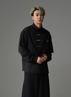 CNEW楚念贰问中国风新中式翠竹刺绣金属飞机扣宽松长袖衬衫男女潮