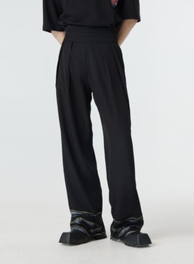 CNEW楚念贰问24SS黑色多褶高腰裤脚印花金线山水刺绣显瘦宽松长裤