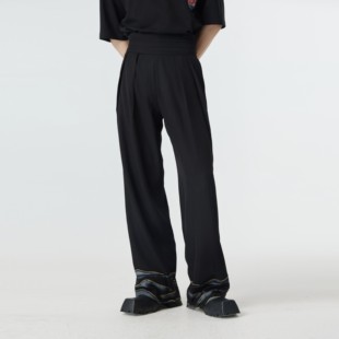 CNEW楚念贰问24SS黑色多褶高腰裤脚印花金线山水刺绣显瘦宽松长裤