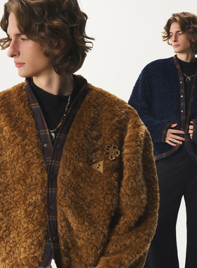 CNEW2025AW【游荡者规条】复古拼接格纹椰壳扣保暖环保羊毛绒外套