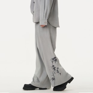 CNEW楚念贰问24AW黑灰咖三色雷击竹刺绣丝绒垂感直筒长裤 男女同款