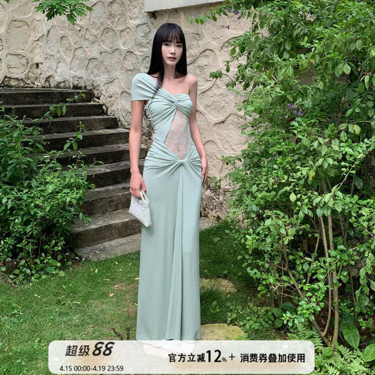 VENUIE 豆绿色礼服裙沙滩海边度假出片绝美三亚法式长裙连衣裙女