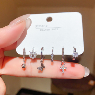 小众设计感锆石六件套耳钉精致超闪个性多耳洞组合套装耳圈耳扣女