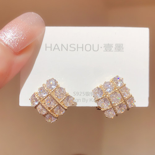 高级感奢华气质锆石方形耳钉女