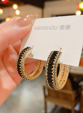 轻奢新款法式复古黑色满钻耳圈女夸张冷淡风耳环精致百搭个性耳饰