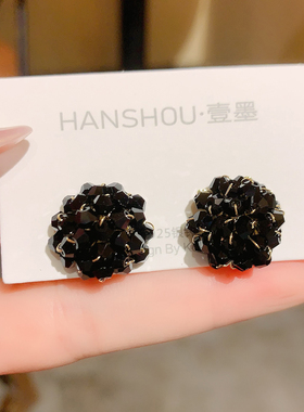 黑色水晶耳钉2025新款时尚气质高级感复古银针耳环简约个性耳饰女