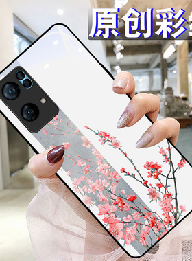 桃花插画适用OPPOreno7pro+手机壳6/5硅胶96findR17钢化玻璃a7293
