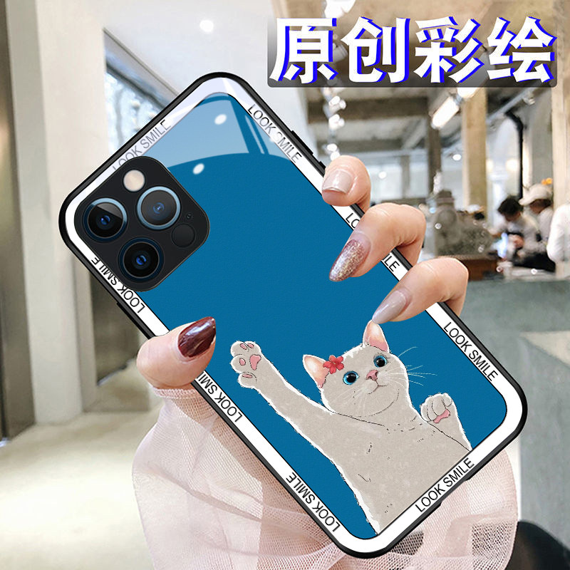 举手猫咪适用苹果13pro手机壳12max11钢化玻璃iphone硅胶xr7sx865