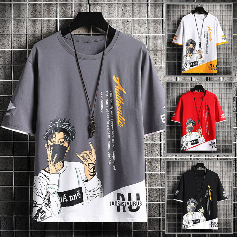 夏季t恤男生圆领五分袖破洞洋气宽松纯棉上衣潮牌潮流青少年短袖