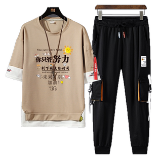 短袖t恤男士夏季韩版潮流半袖上衣服长裤套装ins潮牌情侣装体恤衫