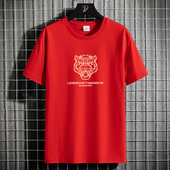 虎年本命年t恤男生2023夏季 体恤 ins国潮牌老虎头印花红色纯棉短袖