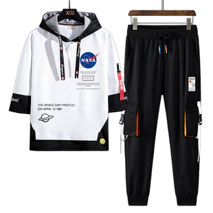 NASA联名旗舰店学生短袖t恤男休闲七分袖上衣服工装裤男生两件套