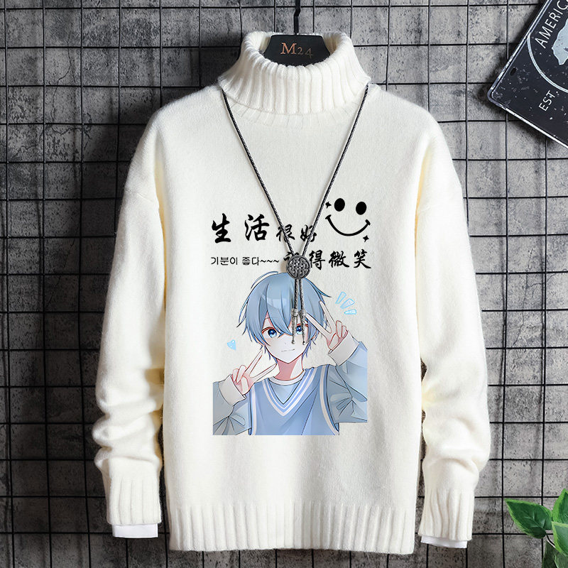 高领毛衣男士韩版潮流学生秋冬季加绒加厚针织衫印花休闲情侣线衣