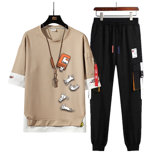 夏季短袖T恤男士长裤冰丝休闲运动套装2023新款青少年潮流男装