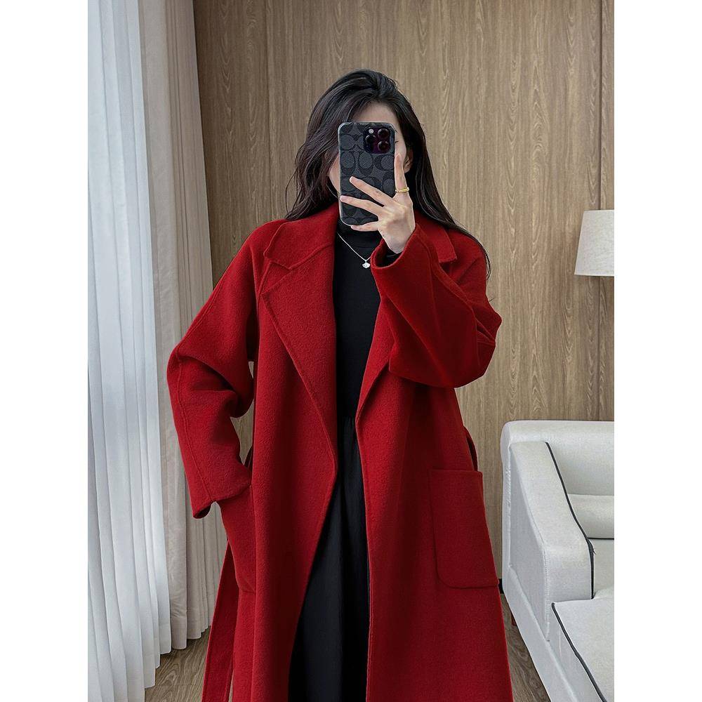 红色双面羊绒大衣女女中长款秋冬款赫本风高端毛呢外套结婚敬酒服