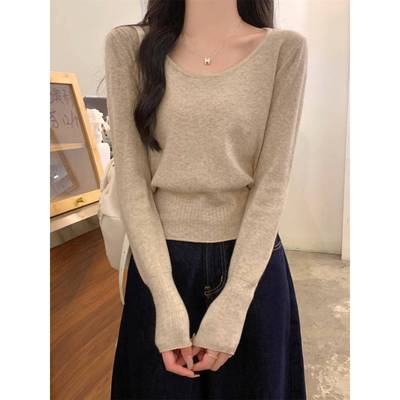 2025新款收腰低领毛衣女内搭大圆领小个子针织打底衫短款上衣秋冬
