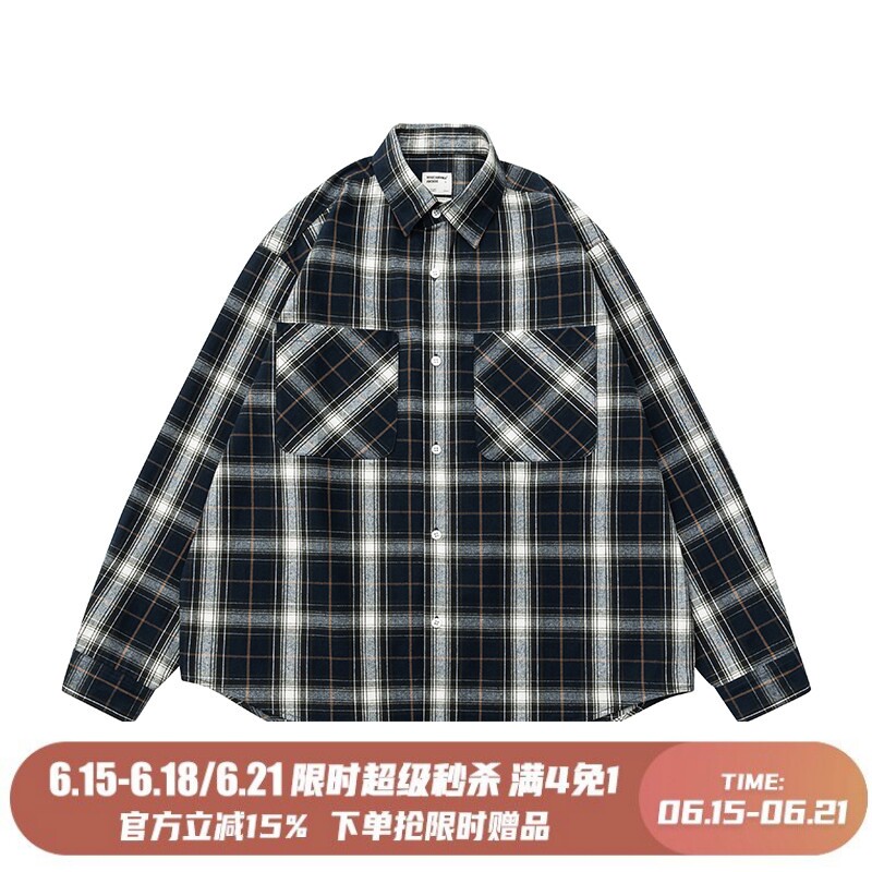 日系插袋格子复古大口袋宽松外套