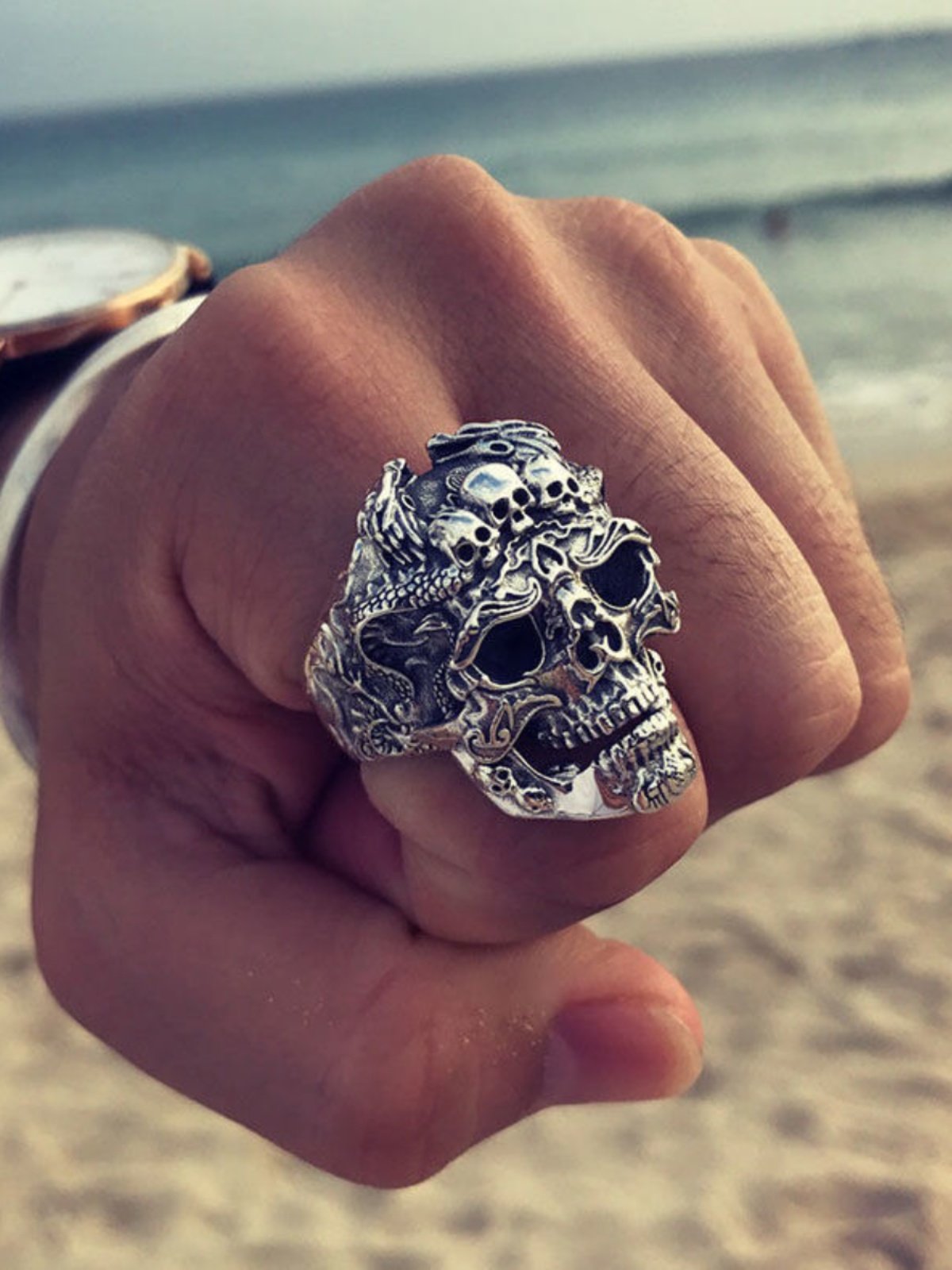 Domineering retro double dragon pattern skull ring male handsome personality open ring trend social single index finger ring