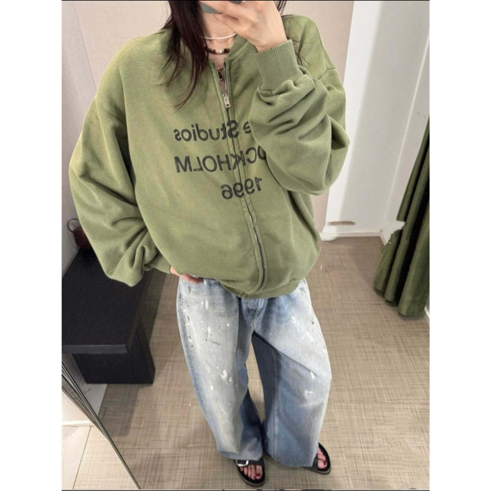 OHIOHI 25早秋1996复古做旧墨绿色棒球服男女宽松休闲卫衣外套潮