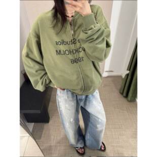 OHIOHI 25早秋1996复古做旧墨绿色棒球服男女宽松休闲卫衣外套潮