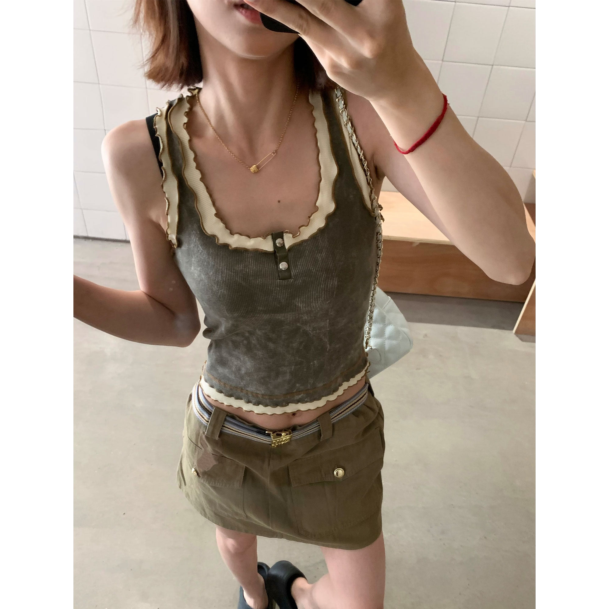 OHIOHI die短款修身荷叶边做旧晕染设计感背心t恤