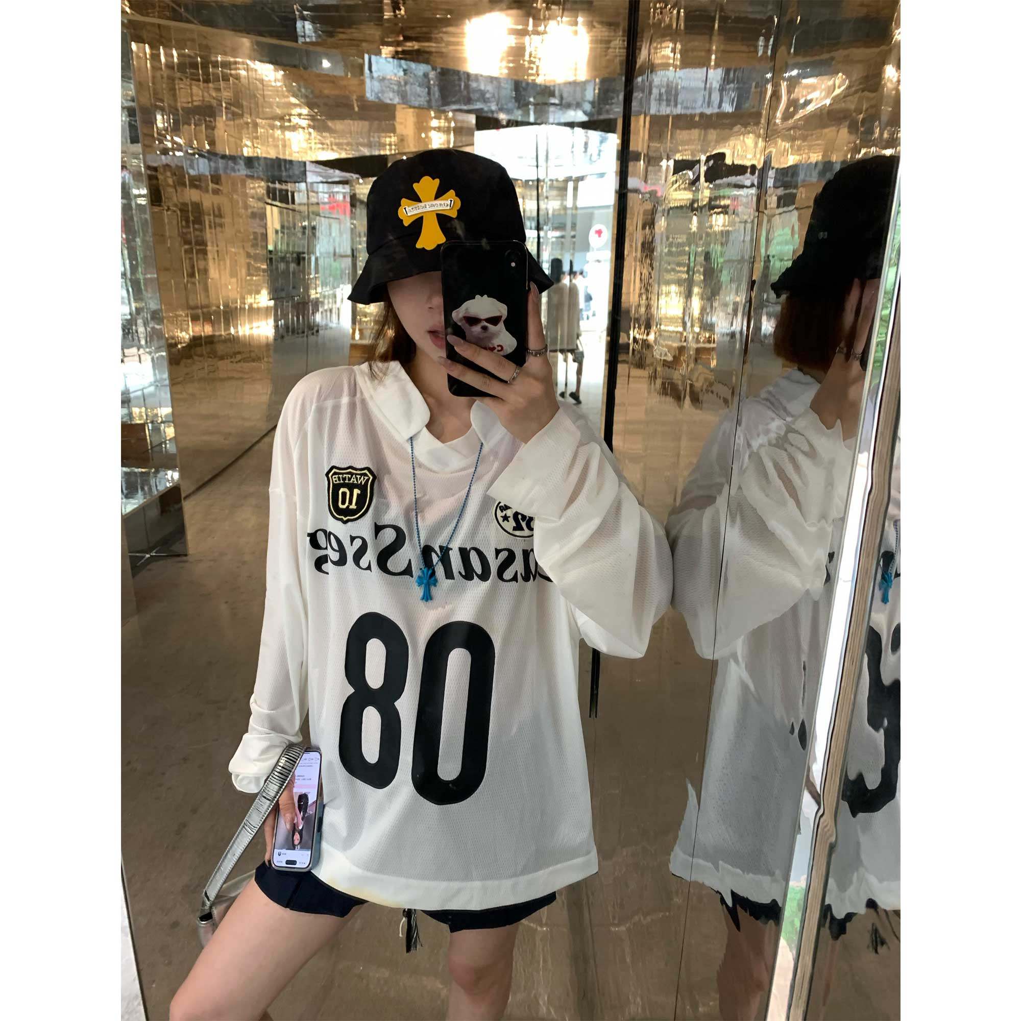 OHIOHI 露思同款cassesango网透球衣字母印花运动长袖T恤夏季防晒