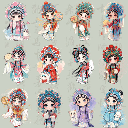 原创国潮戏曲人物京剧脸谱热转印烫画贴纸白墨烫画衣服印花贴花