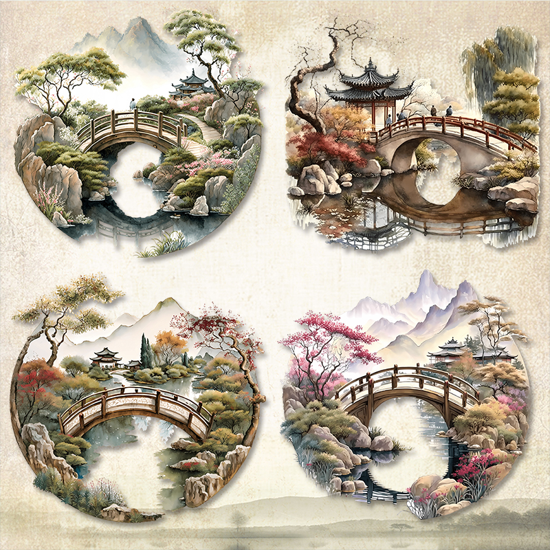国风园林山水风景热转印贴纸防水