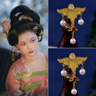 唐风抹额钗錾刻云肩发簪金色发簪唐代古风汉服头饰花钿小发簪金簪