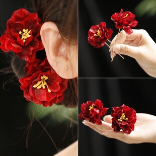 新娘山茶花发叉国风中式花朵发簪高级气质盘发发钗配饰古风头饰品