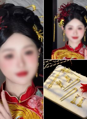 新中式晨袍头饰金红色凤凰敬酒服