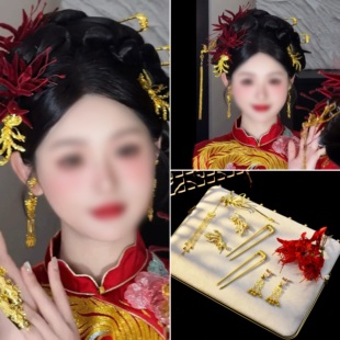 新中式晨袍头饰金红色凤凰绒花结婚敬酒服秀禾服造型流苏发簪配饰