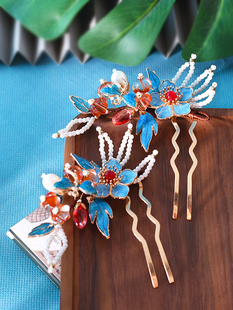 景泰蓝发饰画油发钗女明宋烧蓝发簪套装汉服点缀插梳头饰新娘盘发