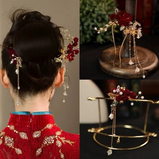 新娘敬酒服头饰结婚发簪女红色古风汉服盘发丸子头山茶花流苏钗子