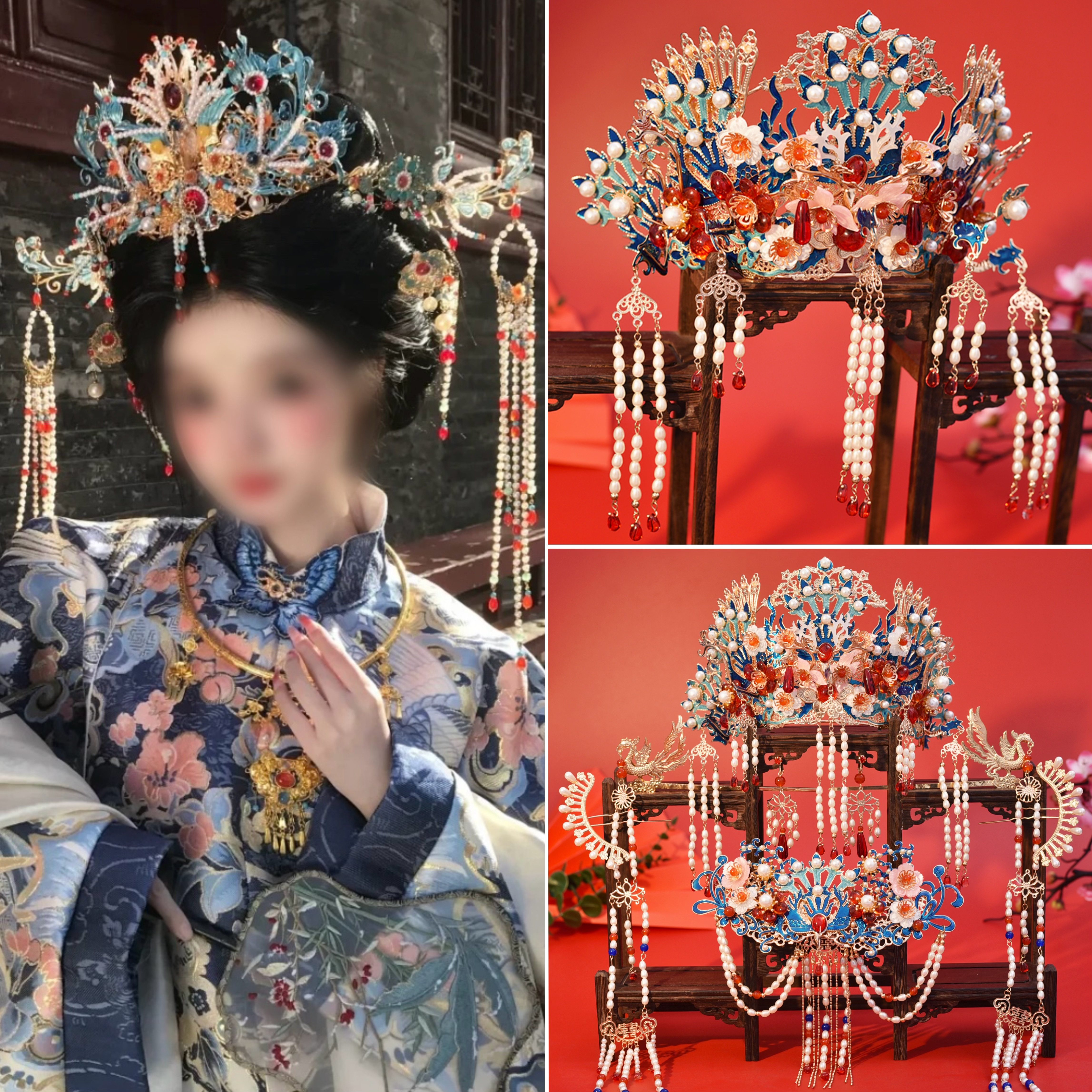 新娘婚嫁秀禾服冠贵女奢华京城明制烧蓝发冠汉服凤冠头饰中式婚礼