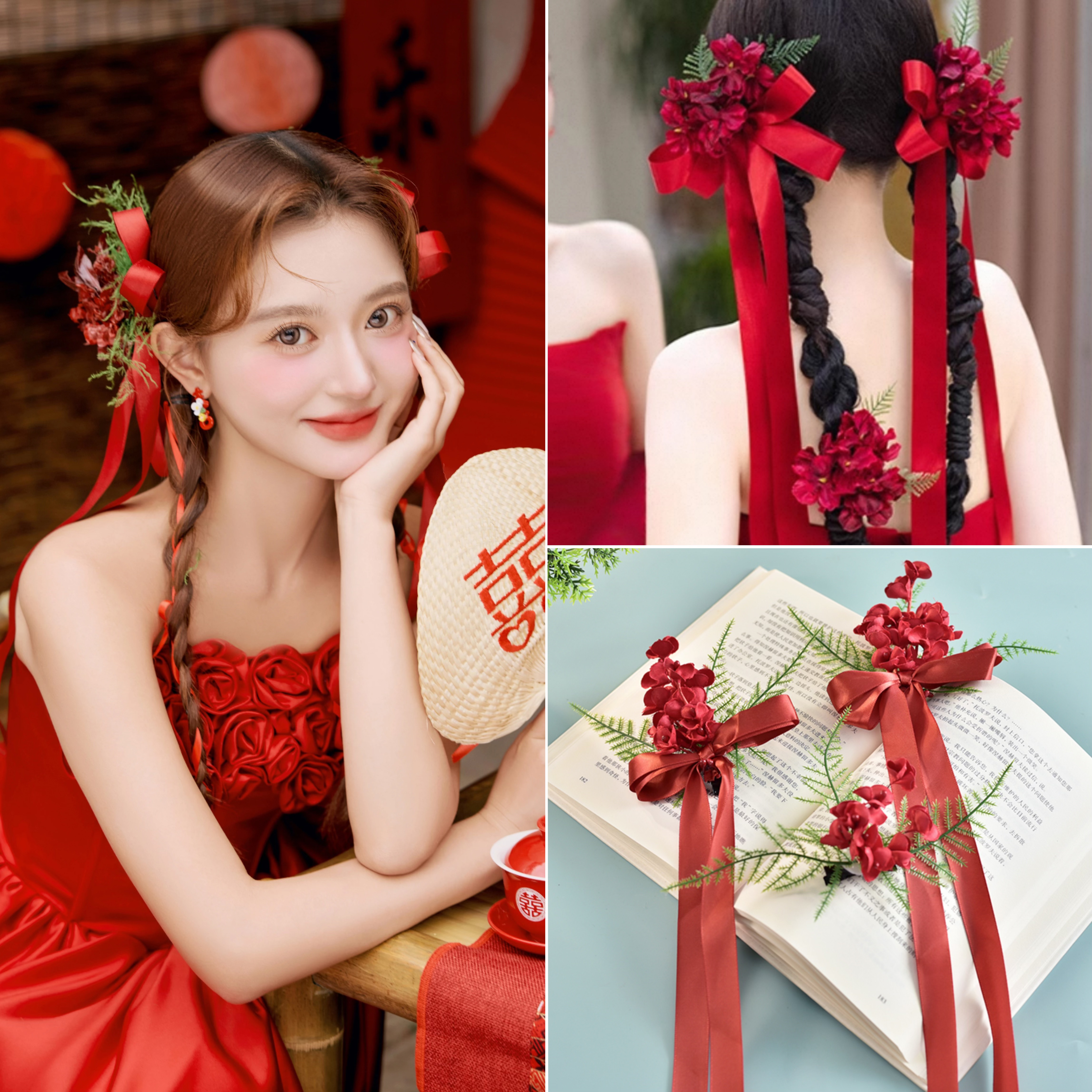 敬酒服发夹酒红色铃兰花蝴蝶结