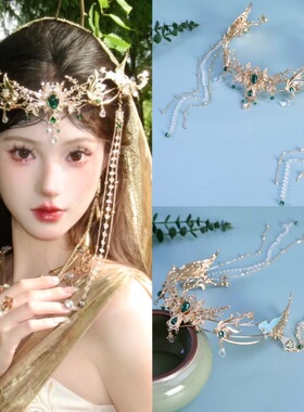 西域公主发冠民族风墨绿色满钻额饰头饰发饰异域风情配饰西双版纳