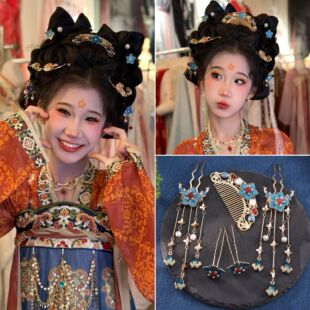 【霜翎屿】唐风汉服复原配发饰品镀金景泰蓝点翠套装流苏发簪仿妆