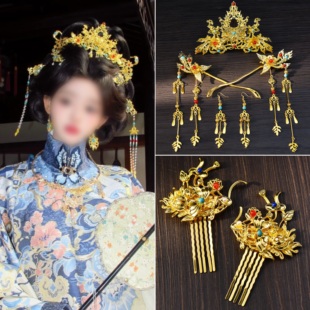 原创头饰京城贵女金色镀金烧蓝宫廷套装华丽明制汉服发冠套装百搭