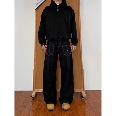 牛仔裤阔腿宽松女士2025新款春秋直筒裤子慵懒松弛感深蓝色春秋