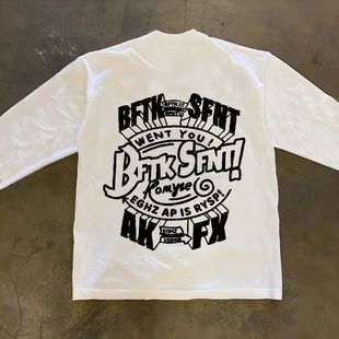 260G重磅复古美男款式上衣痞帅字母印花宽松休闲百搭螺口长袖