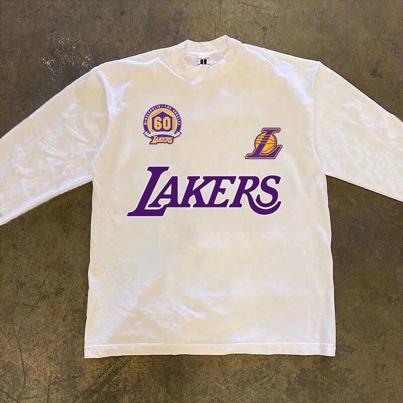 朝服重磅复古美式男款上衣痞帅圆领印花宽松休闲百搭螺口长袖T恤