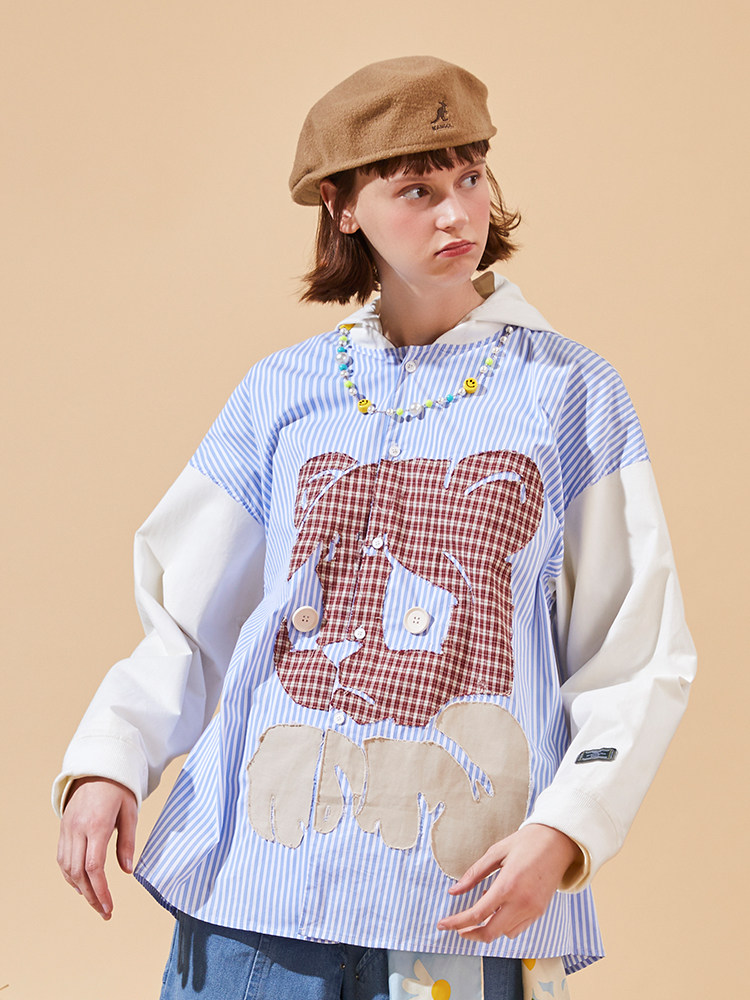 SENCE LA bear print blue striped shirt men's detachable hooded loose trendy brand stitching long-sleeved jacket