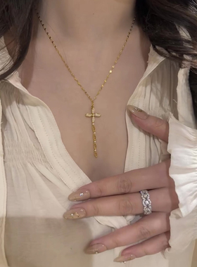 中古金色爆闪四芒星罗盘项链女款轻奢小众高级感叠戴十字架锁骨链