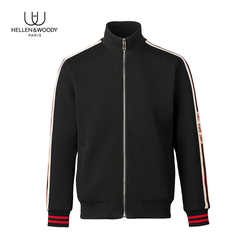 HELLEN&WOODY春季2025新品男士立领针织夹克撞色织带运动拉链外套