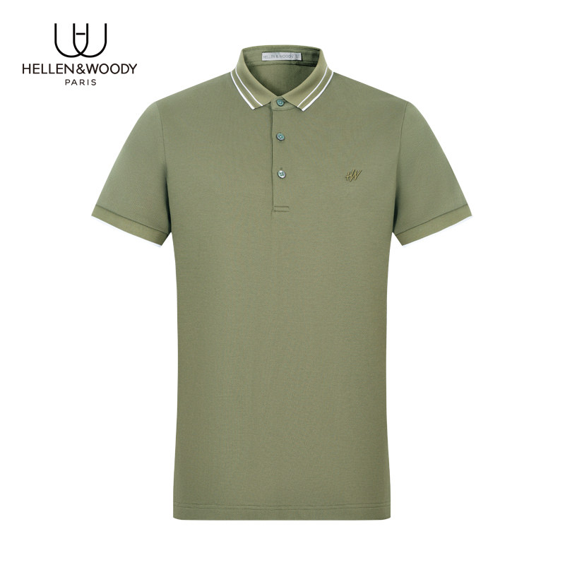 HELLEN&WOODY奢侈品Polo衫2025夏新款男装条纹翻领刺绣修身短袖男