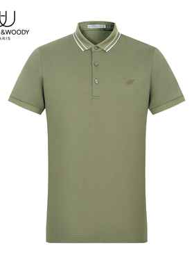 HELLEN&WOODY奢侈品Polo衫2025夏新款男装条纹翻领刺绣修身短袖男