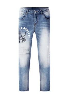 HELLEN&WOODY法国新款奢侈品牛仔裤男修身刺绣印花水洗蓝直筒长裤