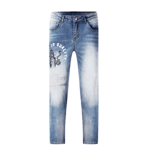 刺绣印花水洗蓝直筒长裤 男修身 奢侈品牛仔裤 HELLEN&WOODY法国新款