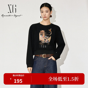 XG雪歌XJ401048A390黑色印花套头卫衣2026冬季新款长袖圆领上衣女
